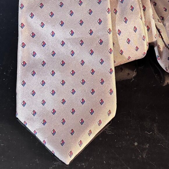 Christian Dior Tan Silk Tie Neutral Office Preppy Modern Red Blue Polka Dots - Picture 1 of 10